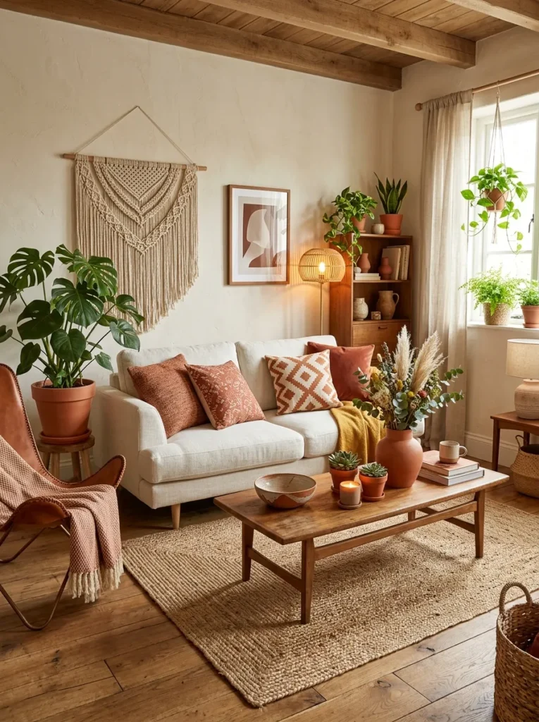 warm terracotta accents boho living room idea modern