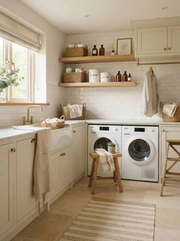 warm wood accents luxury laundry room idea 2026
