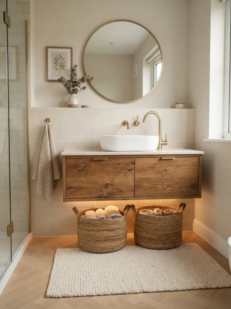 warm wood vanity warm neutral bathroom idea modern