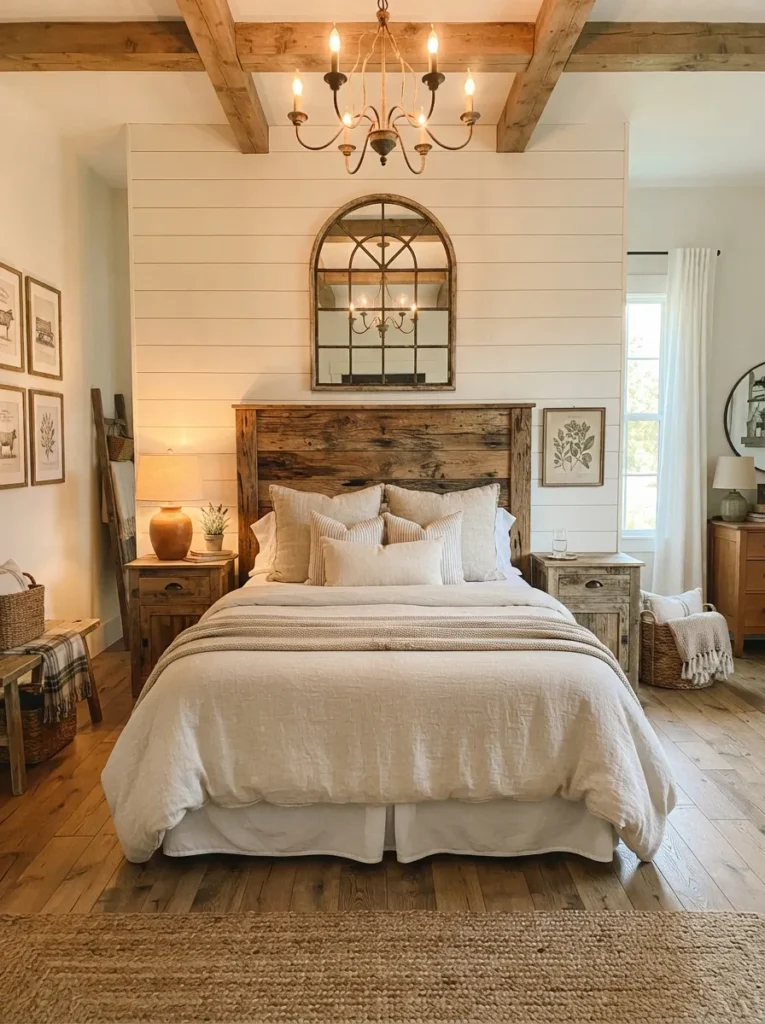 weathered wood headboard vintage farmhouse bedroom idea 2026