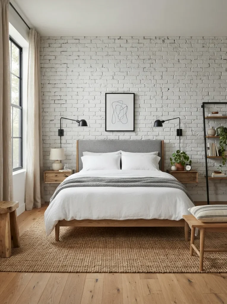 white brick feature gray and white bedroom idea modern
