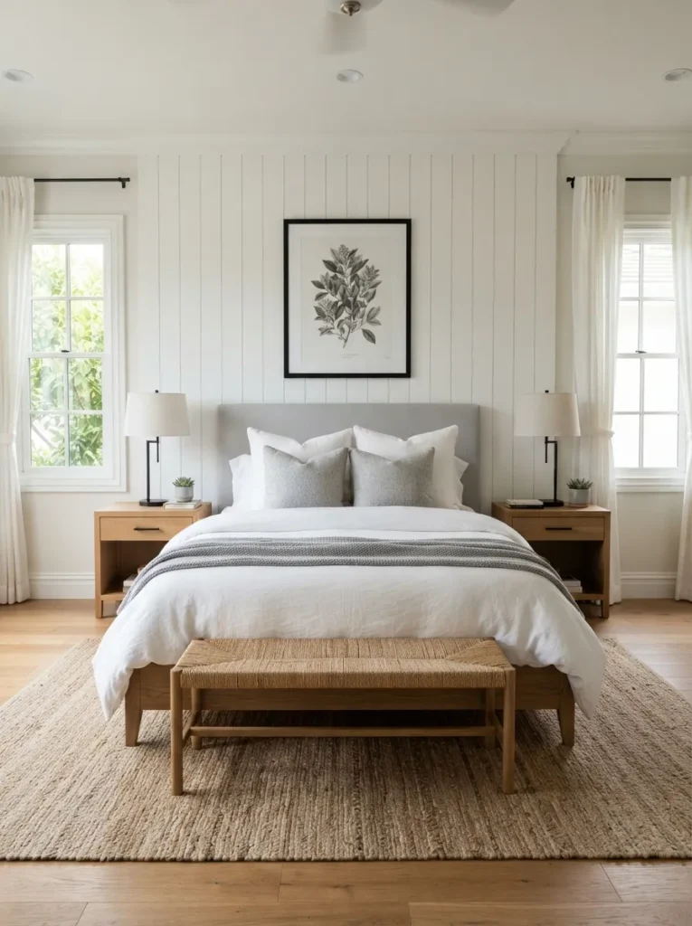 white paneled walls gray and white bedroom idea modern