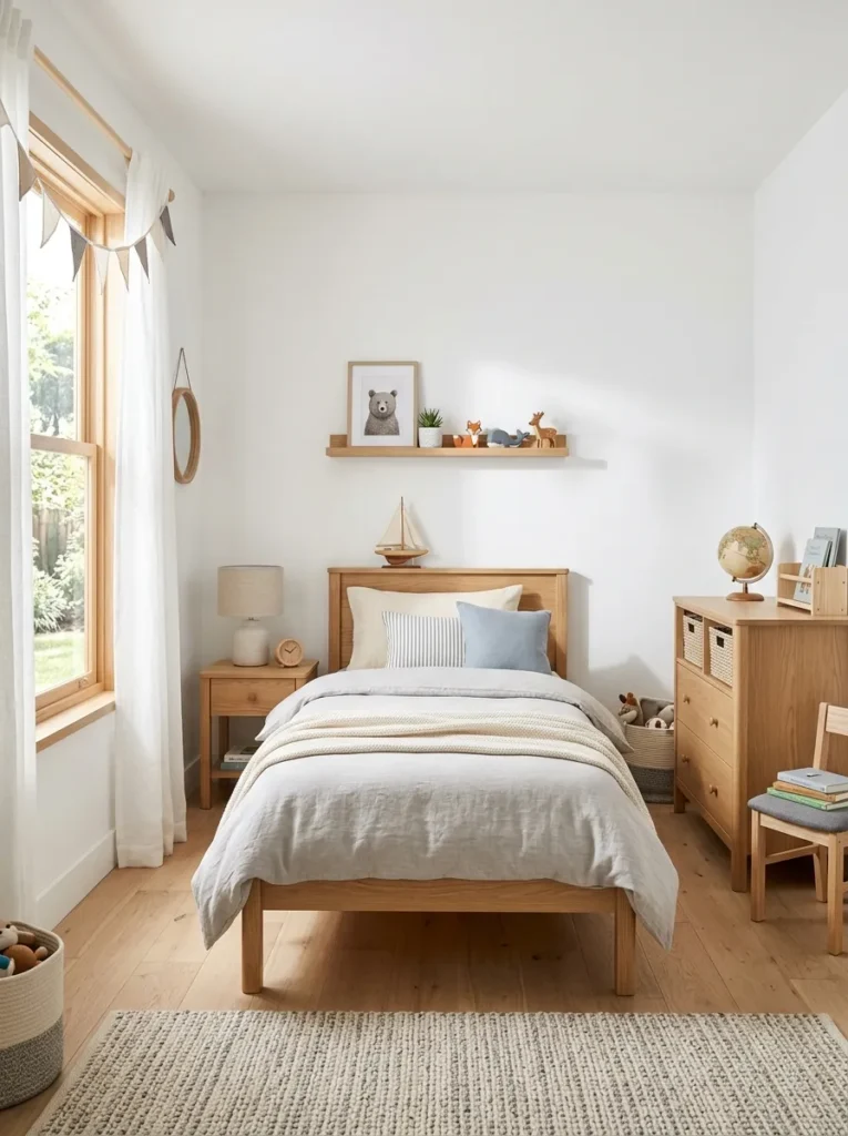 Bright boys bedroom with white walls and natural wood furniture creating clean balance