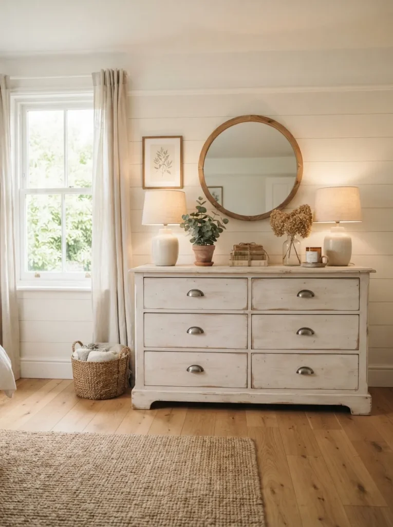 whitewashed dresser vintage farmhouse bedroom idea 2026