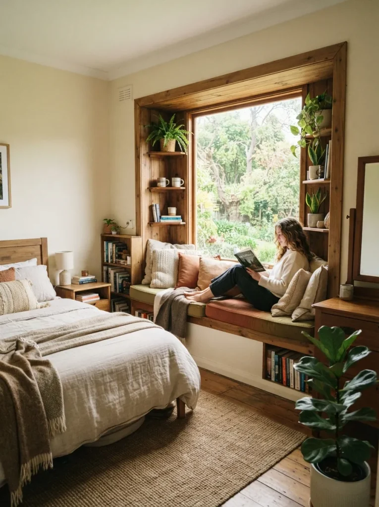 window seat nook forest bedroom idea relaxing 2026
