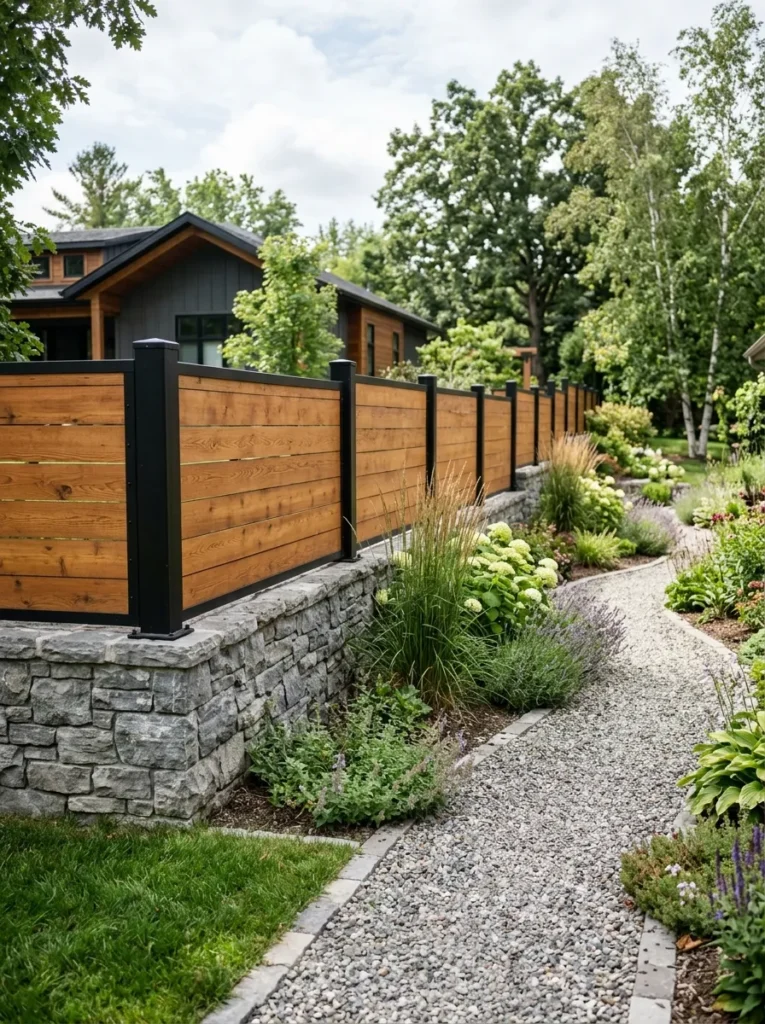 wood and stone combo privacy fence idea modern