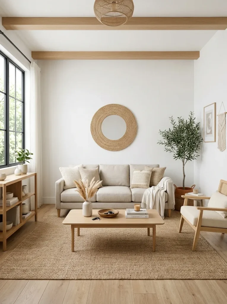 wood and white balance boho living room idea 2026