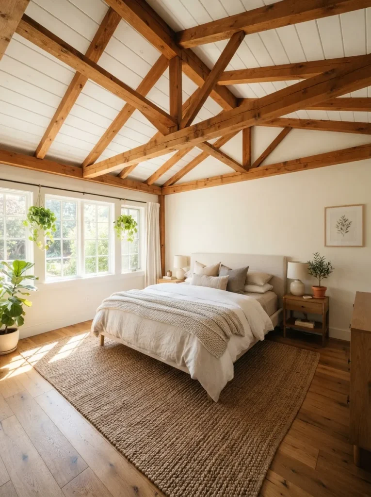 wood beam ceiling forest bedroom idea relaxing 2026