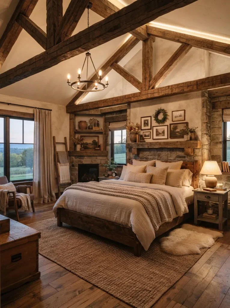 wood beam ceiling vintage farmhouse bedroom idea 2026