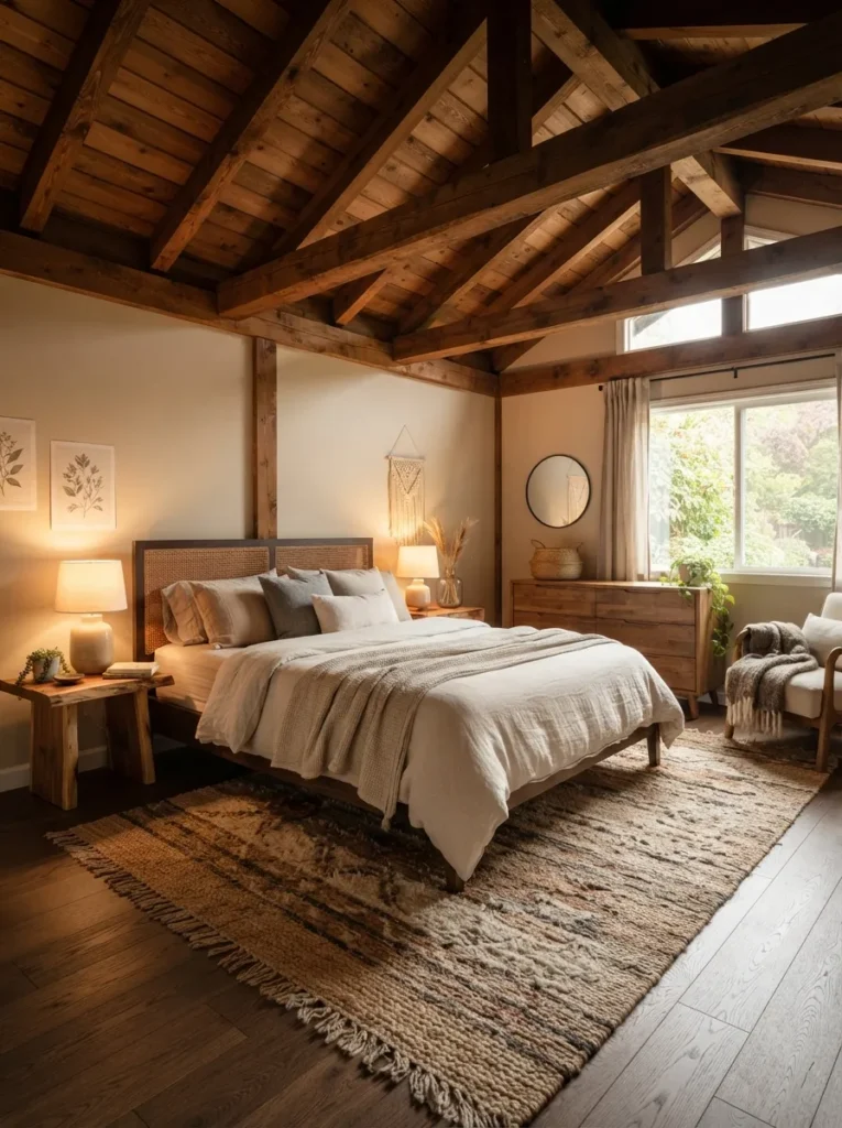 wood beam ceilings cozy earthy bedroom idea modern