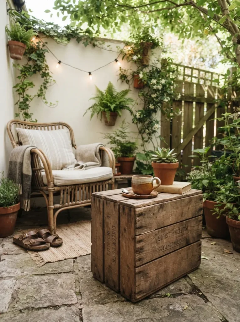 wooden crate tables small patio decor idea 2026