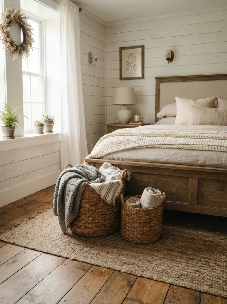 woven basket storage vintage farmhouse bedroom idea modern