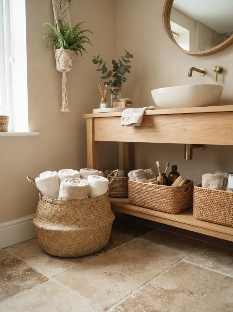 woven basket storage warm neutral bathroom idea modern