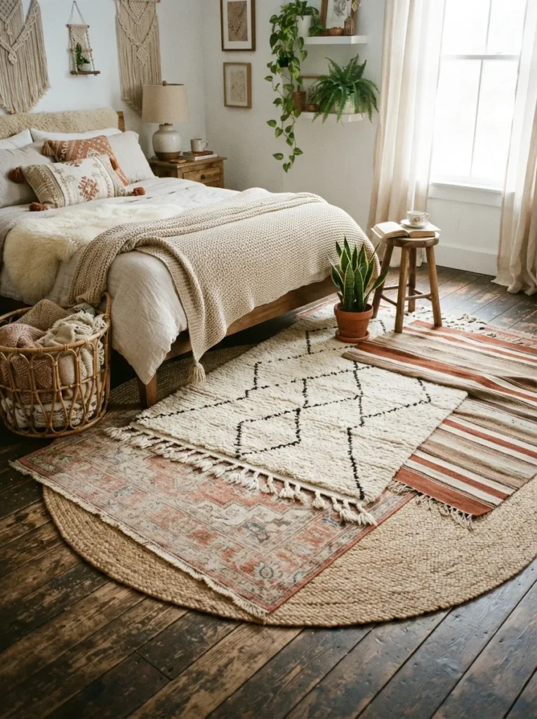 woven rug layers boho teen bedroom idea 2026