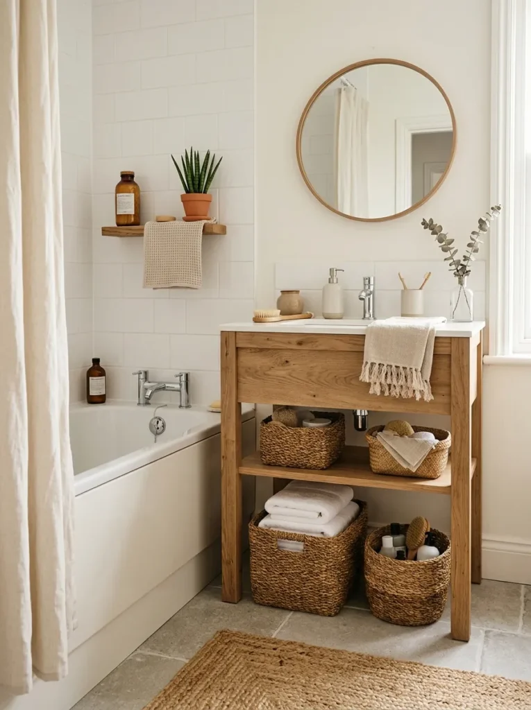 woven storage baskets earth tone bathroom design 2026