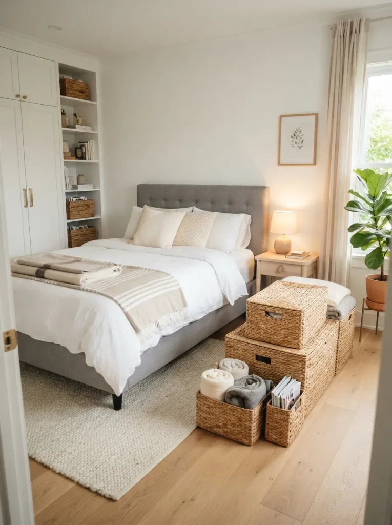 woven storage baskets gray and white bedroom idea 2026