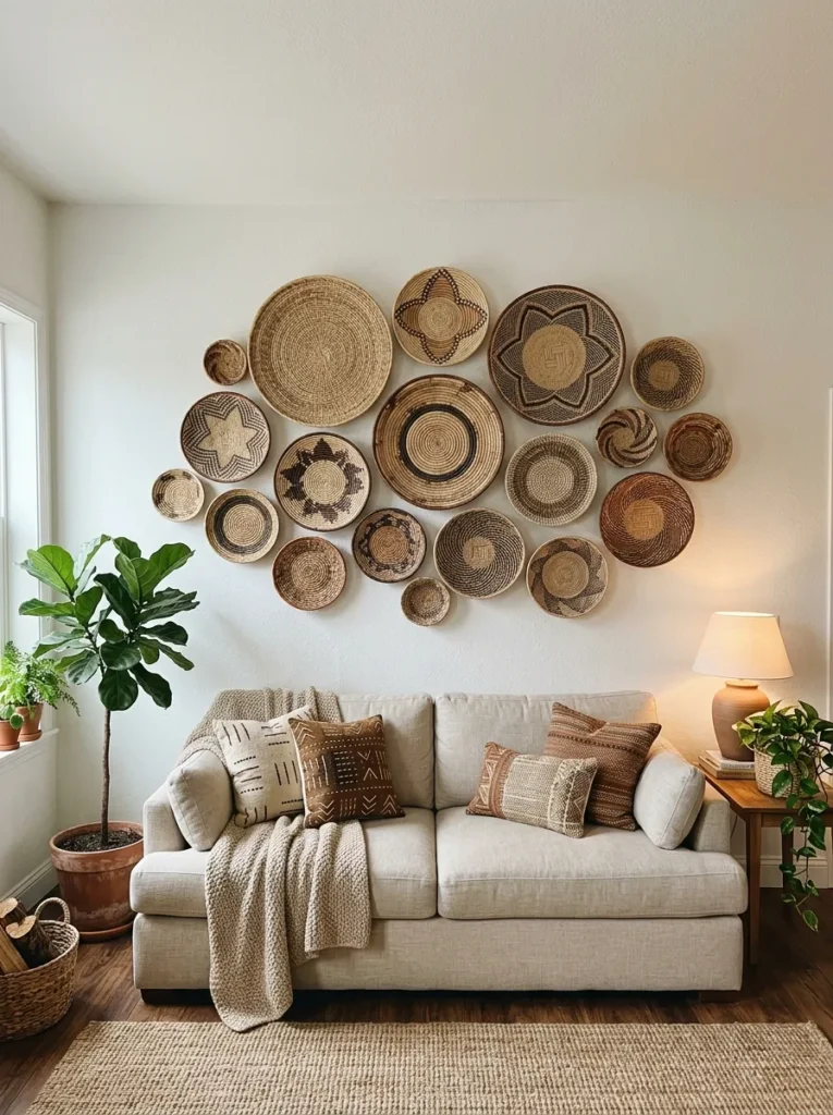 woven wall baskets boho living room idea 2026