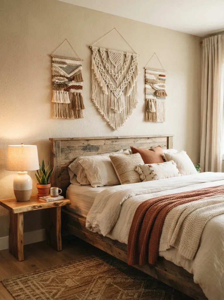 woven wall hangings cozy earthy bedroom idea 2026
