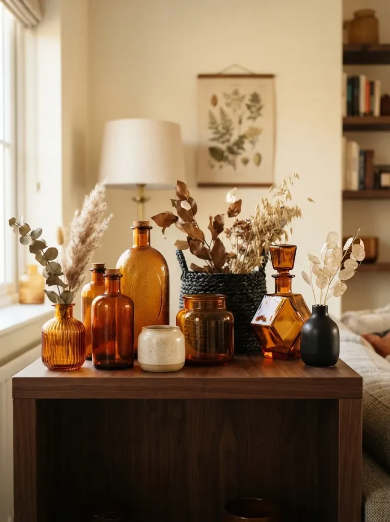 amber glass accents fall home decor idea 2026