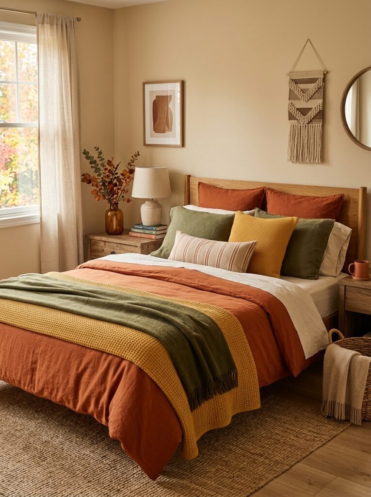 autumn color blocking fall bedroom decor idea modern