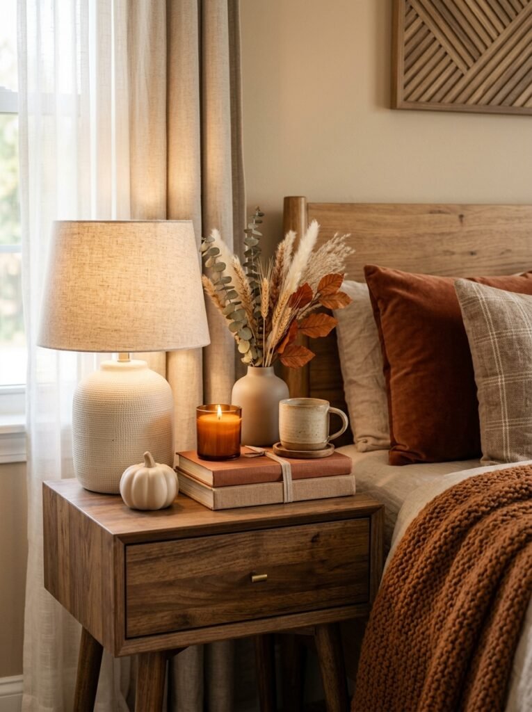 bedside styling details fall bedroom decor idea 2026