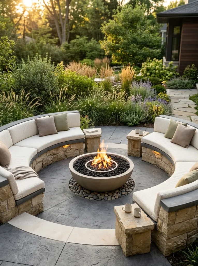 built in stone seating backyard fire pit lounge idea 2026