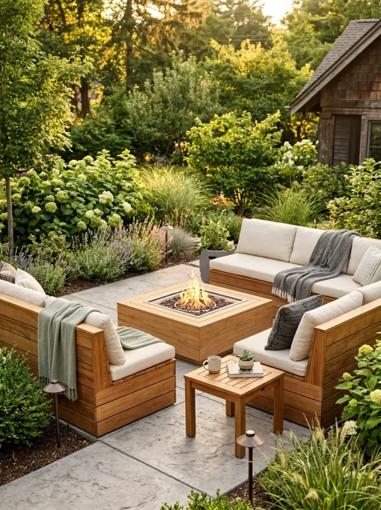 cedar bench seating backyard fire pit lounge idea modern