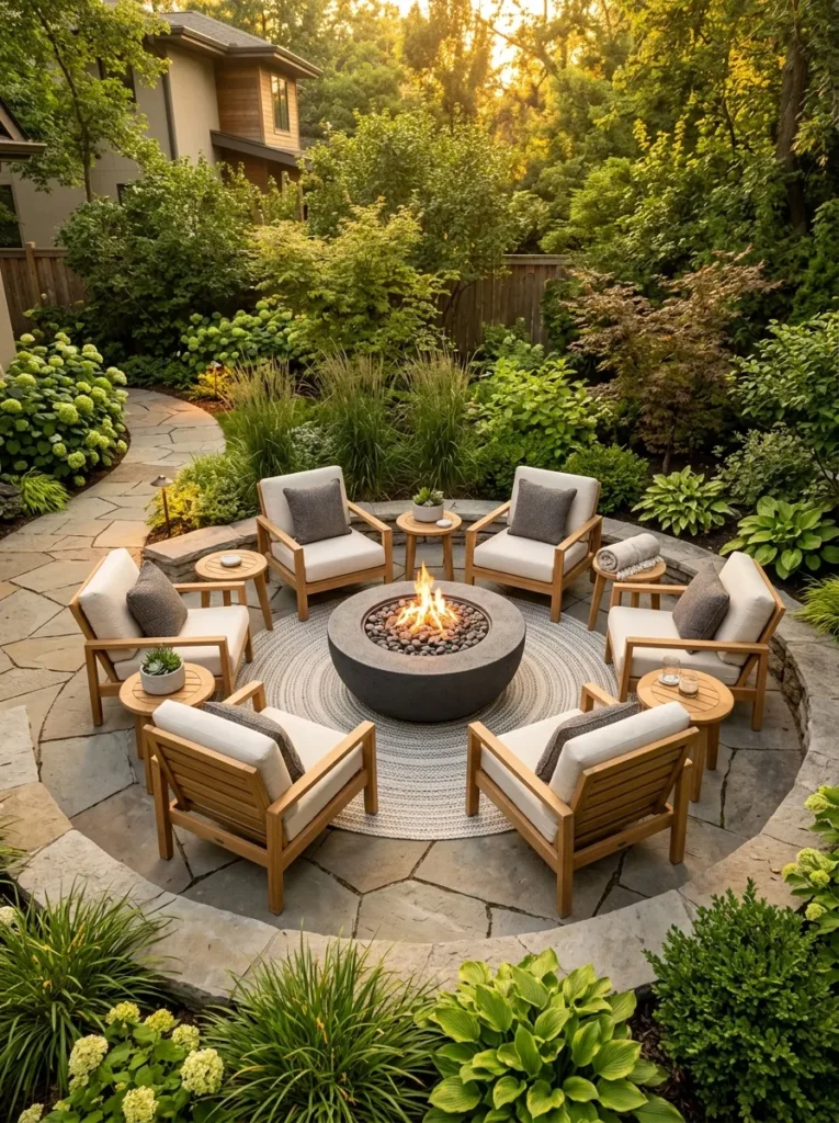 circular conversation layout backyard fire pit lounge idea 2026