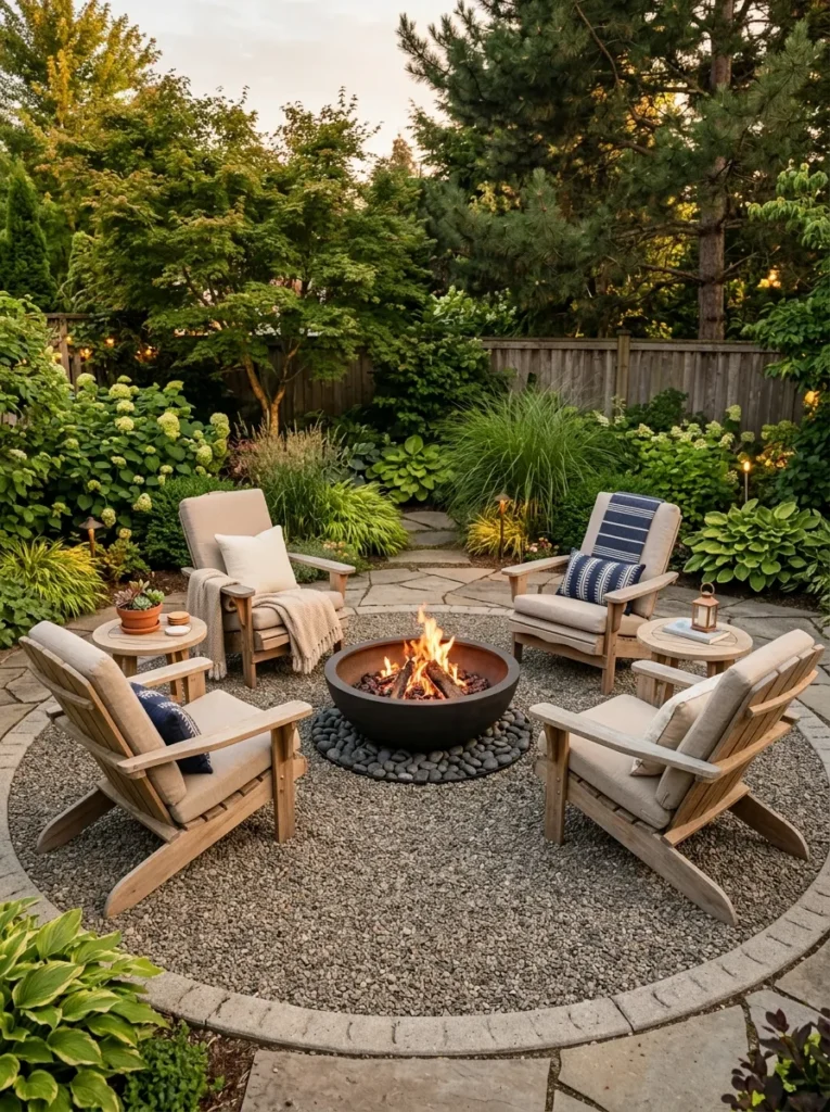 compact gravel circle backyard fire pit lounge idea 2026
