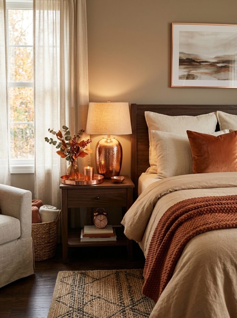 copper decor touches fall bedroom decor idea modern
