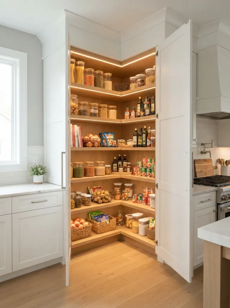 corner pantry with lighting corner kitchen pantry idea 2026