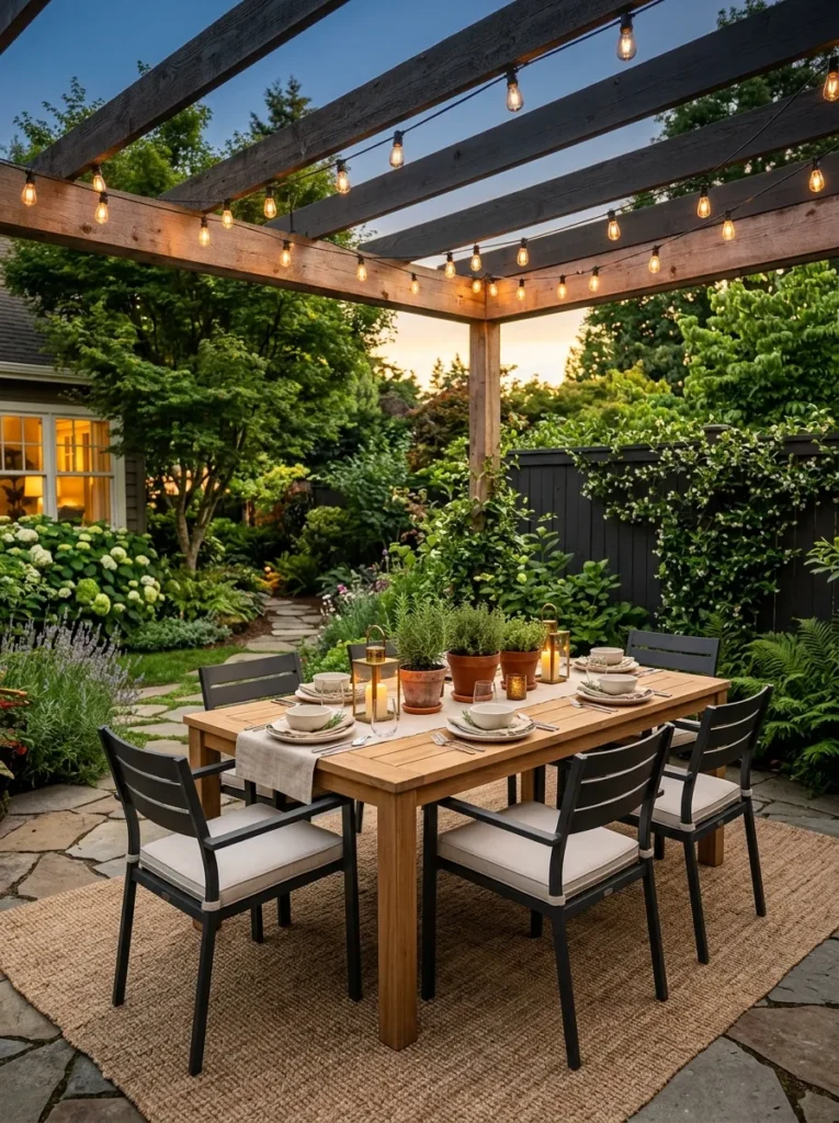 dining under string lights cozy backyard idea modern