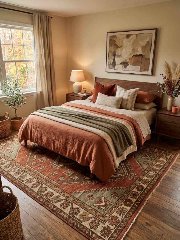 earth tone rugs fall bedroom decor idea 2026