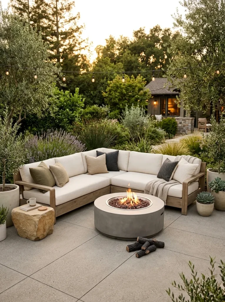 eucalyptus sectional setup backyard fire pit lounge idea modern