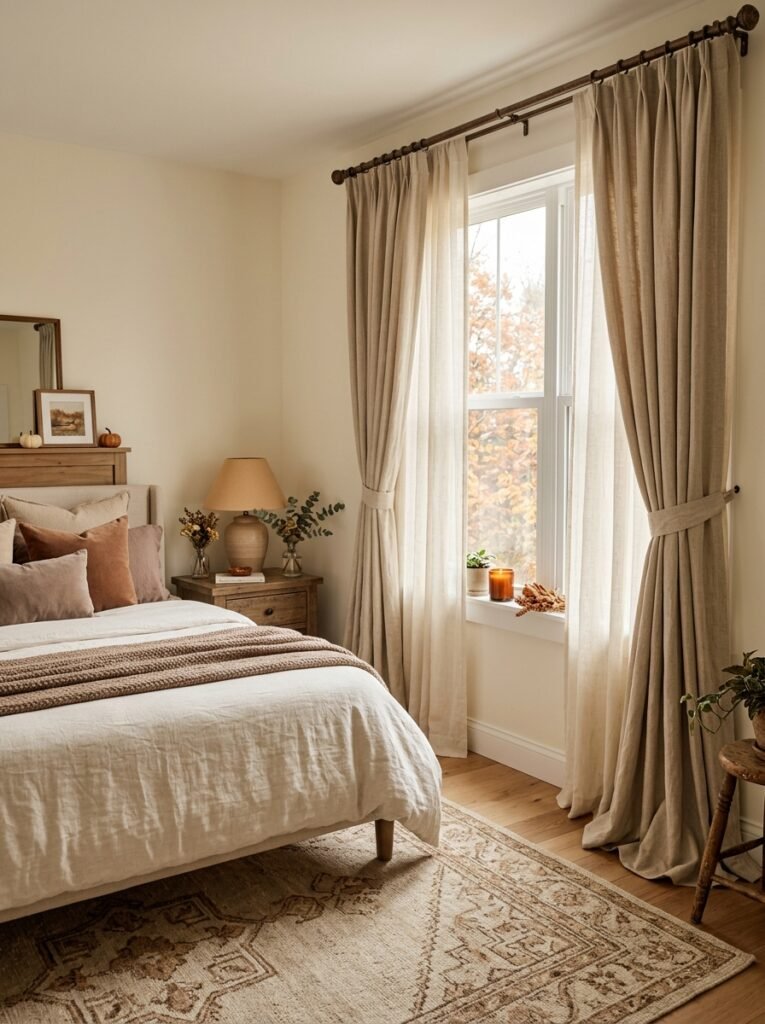 layered curtain panels fall bedroom decor idea modern