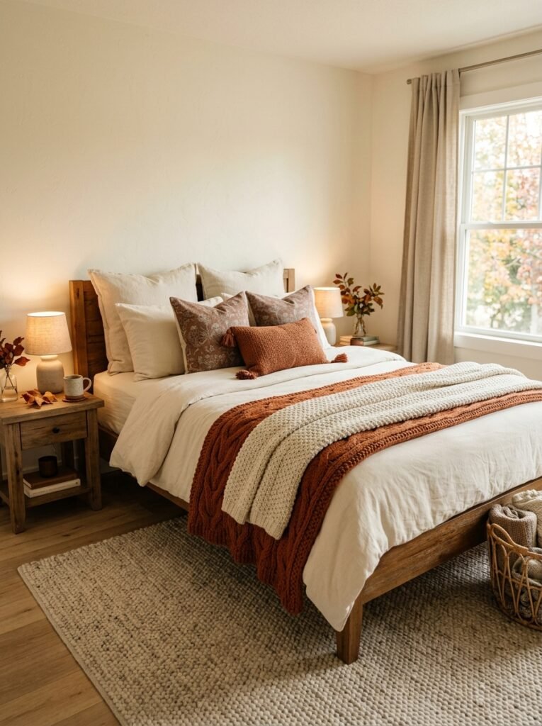 layered knit throws fall bedroom decor idea 2026