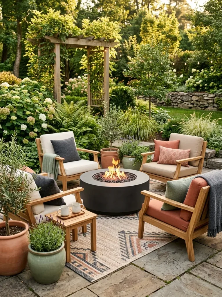 layered outdoor textiles backyard fire pit lounge idea modern