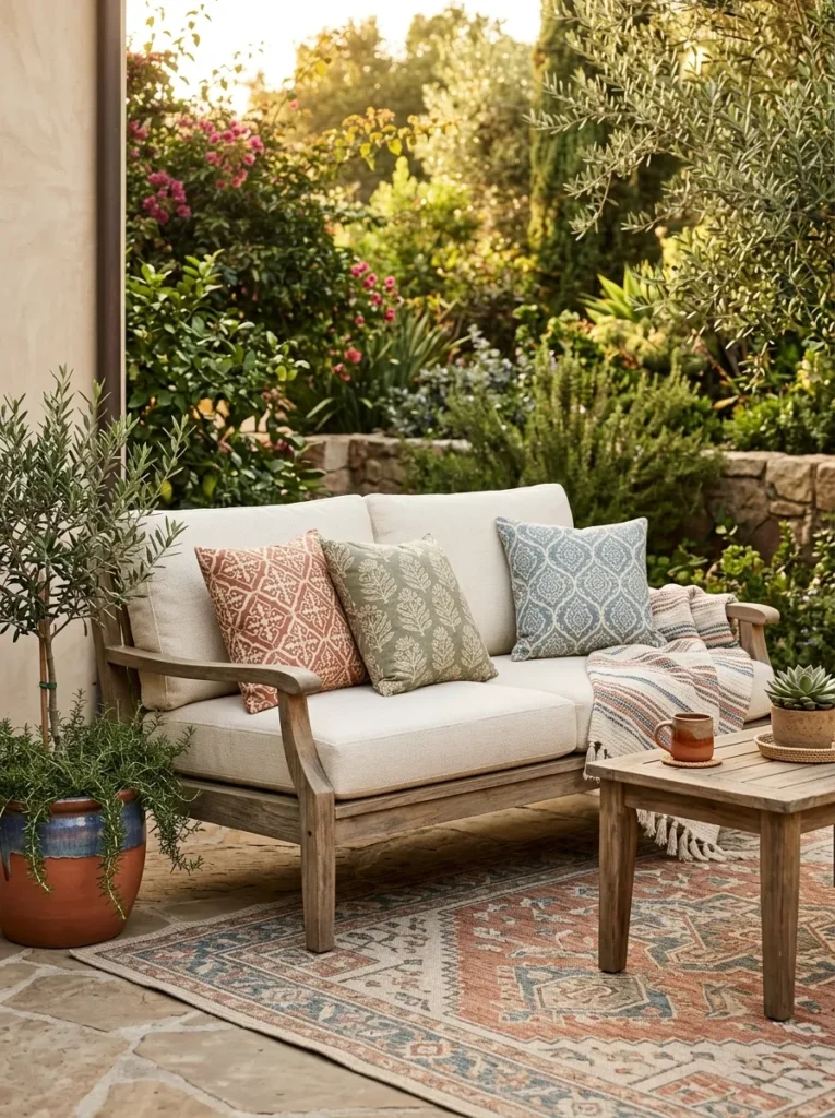 layered outdoor textiles cozy backyard idea 2026