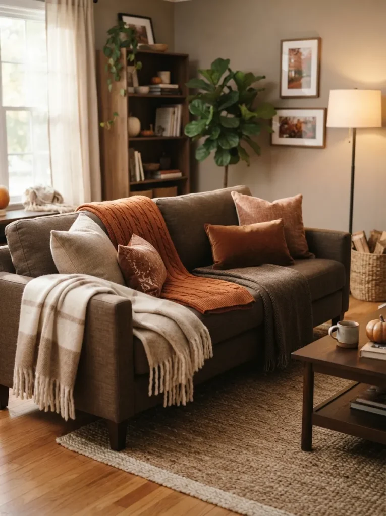 layered throw blankets fall home decor idea modern