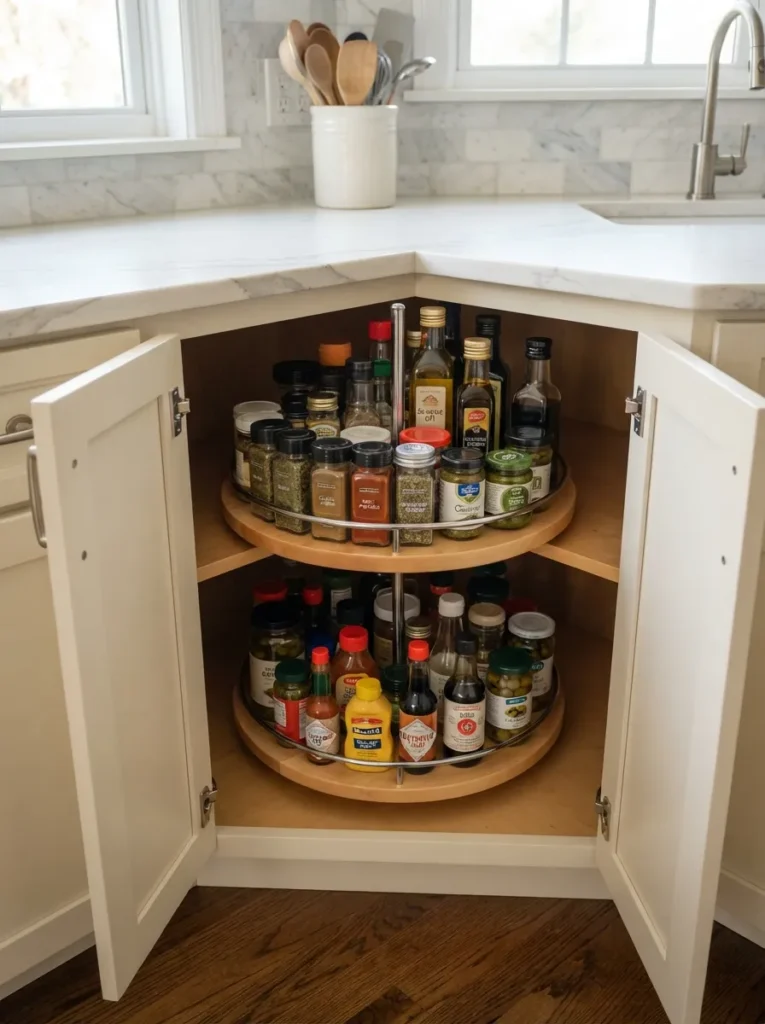 lazy susan storage corner kitchen pantry idea 2026