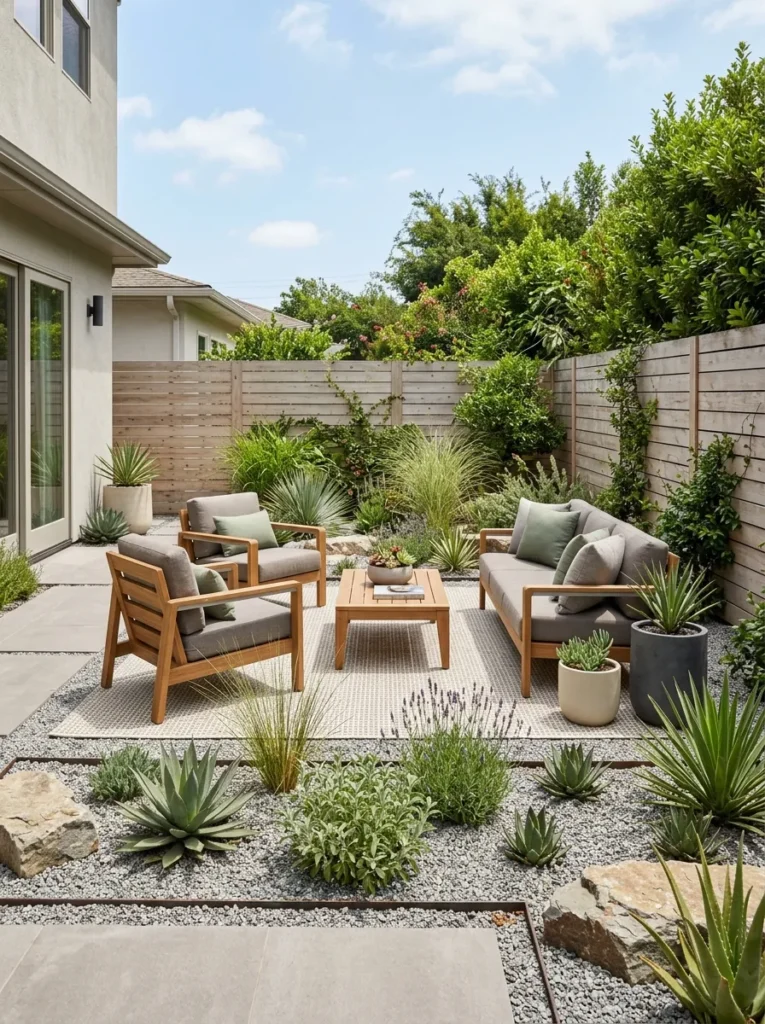 low maintenance lounge zone cozy backyard idea modern