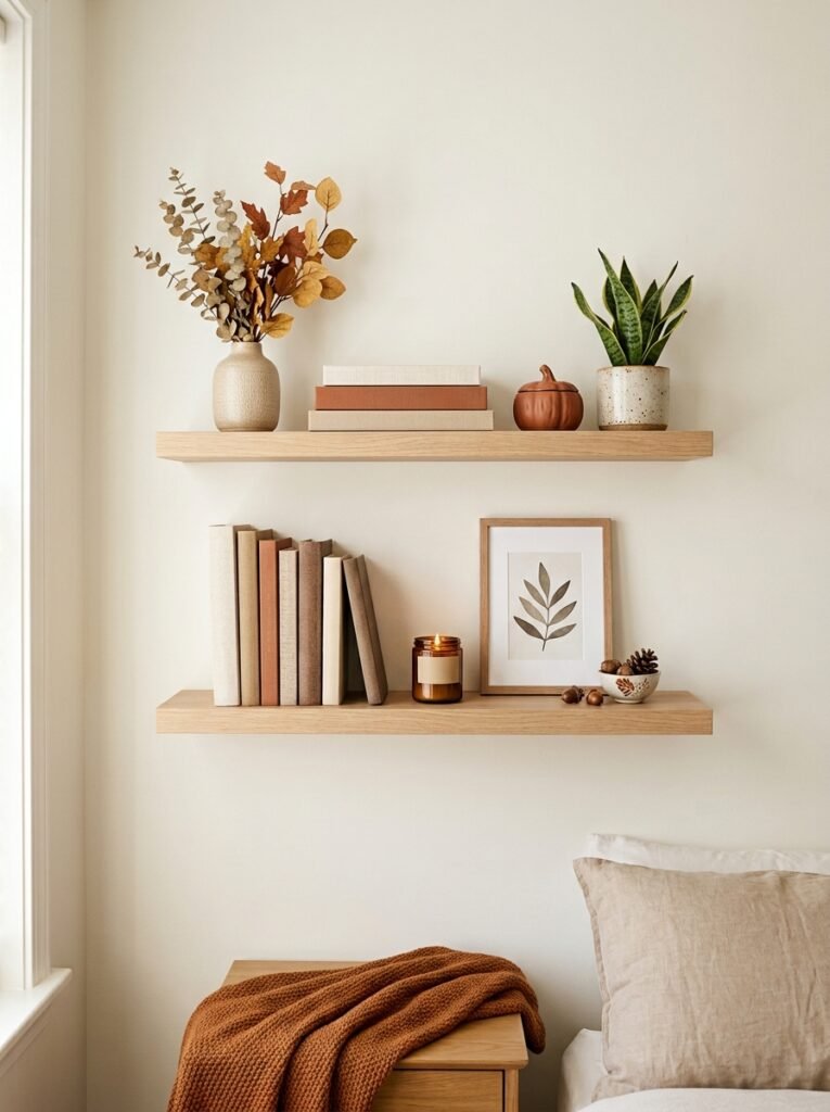 minimal autumn shelving fall bedroom decor idea 2026