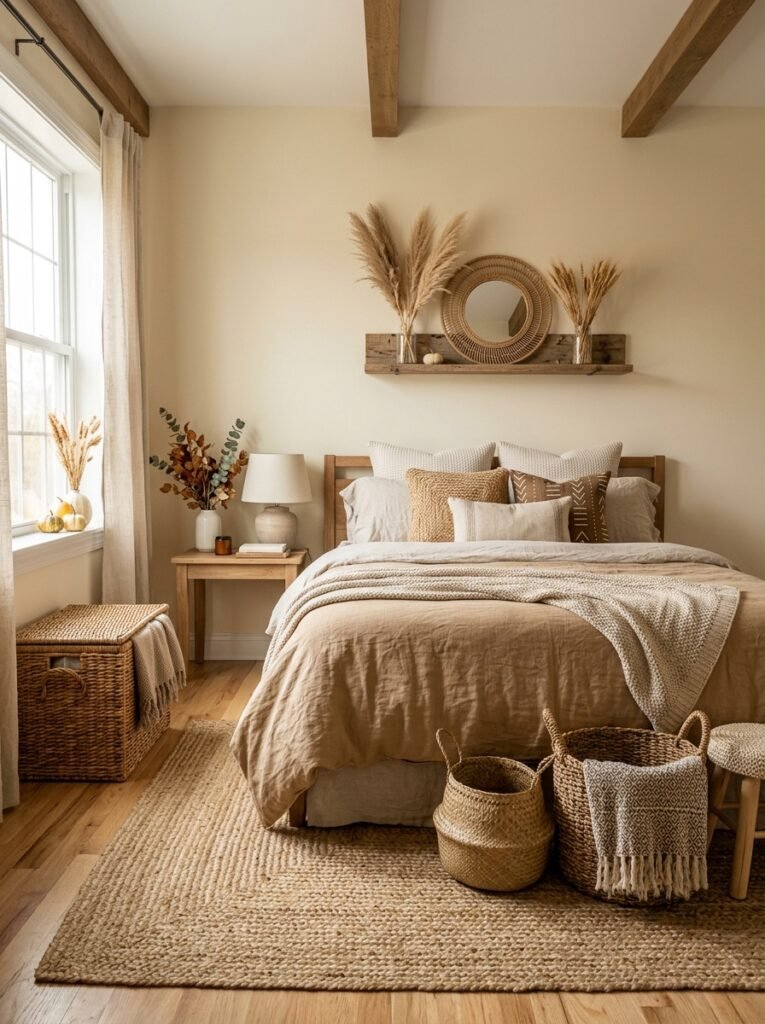natural fiber elements fall bedroom decor idea 2026