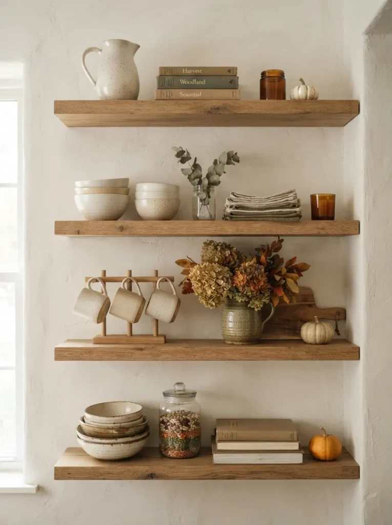 open shelf styling fall home decor idea 2026