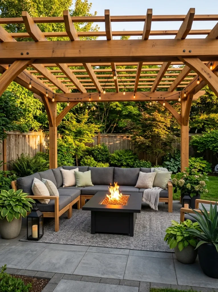 pergola covered seating backyard fire pit lounge idea 2026