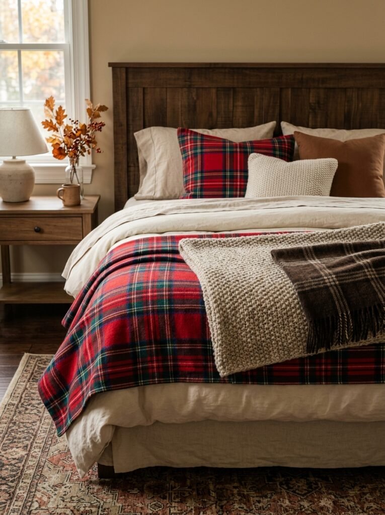 plaid textile mix fall bedroom decor idea modern