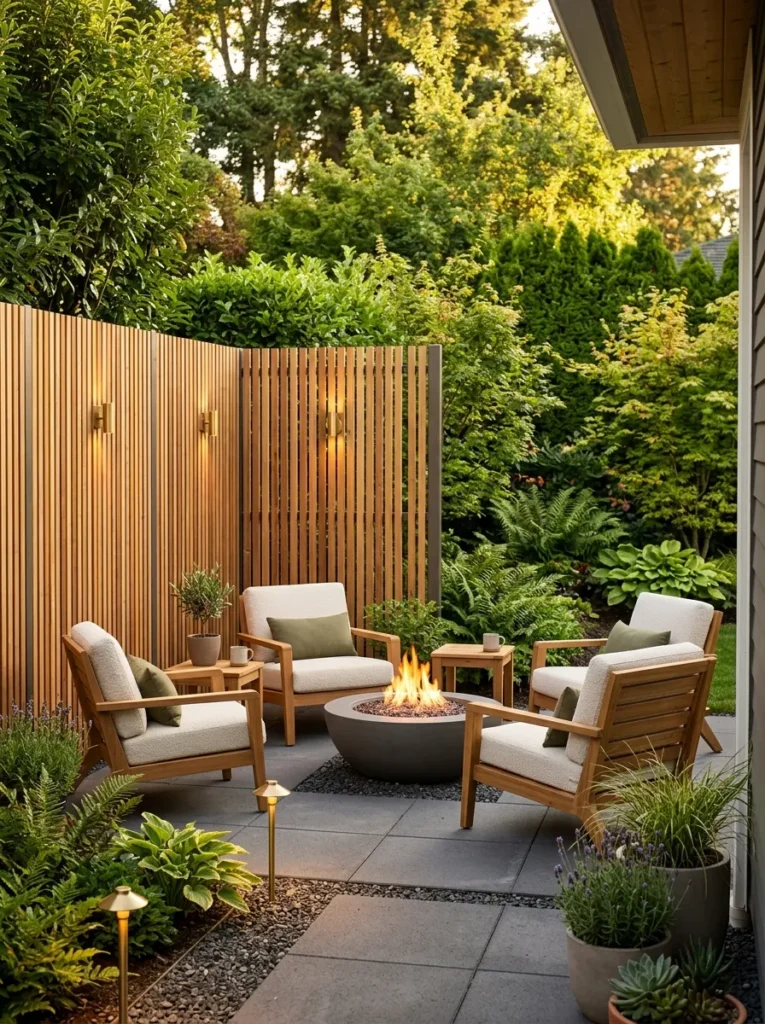privacy screen lounge backyard fire pit lounge idea 2026