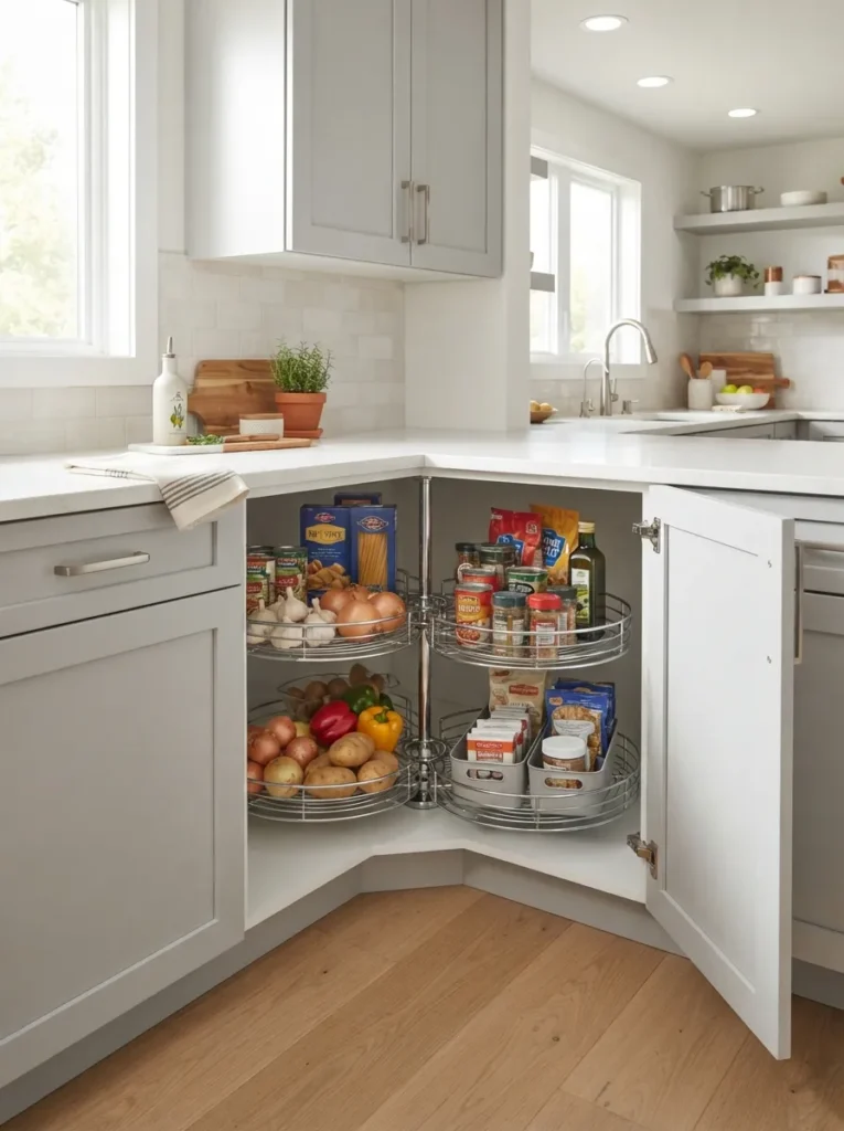 rotating wire baskets corner kitchen pantry idea 2026