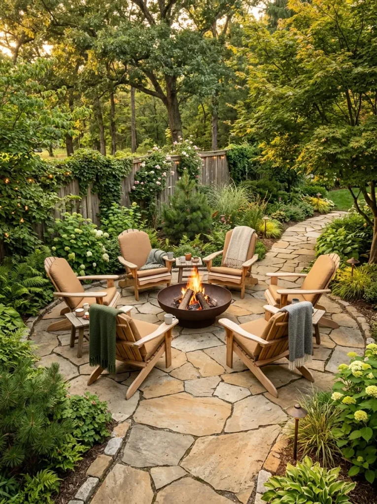 rustic flagstone gathering backyard fire pit lounge idea 2026