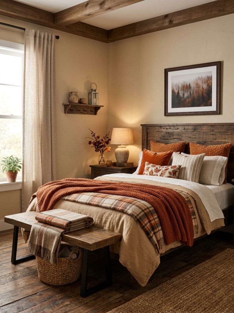rustic wood accents fall bedroom decor idea 2026